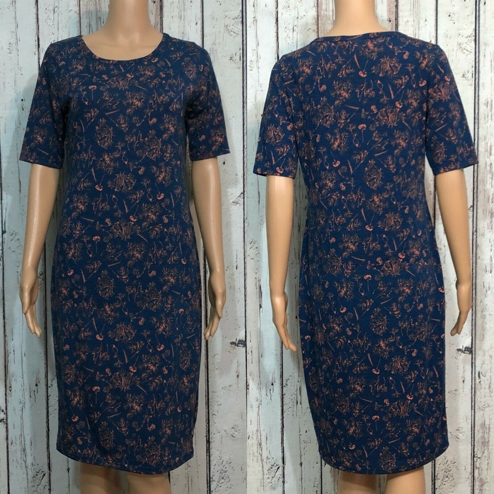 LuLaRoe Julia Shirt Dress Navy Blue Orange Floral